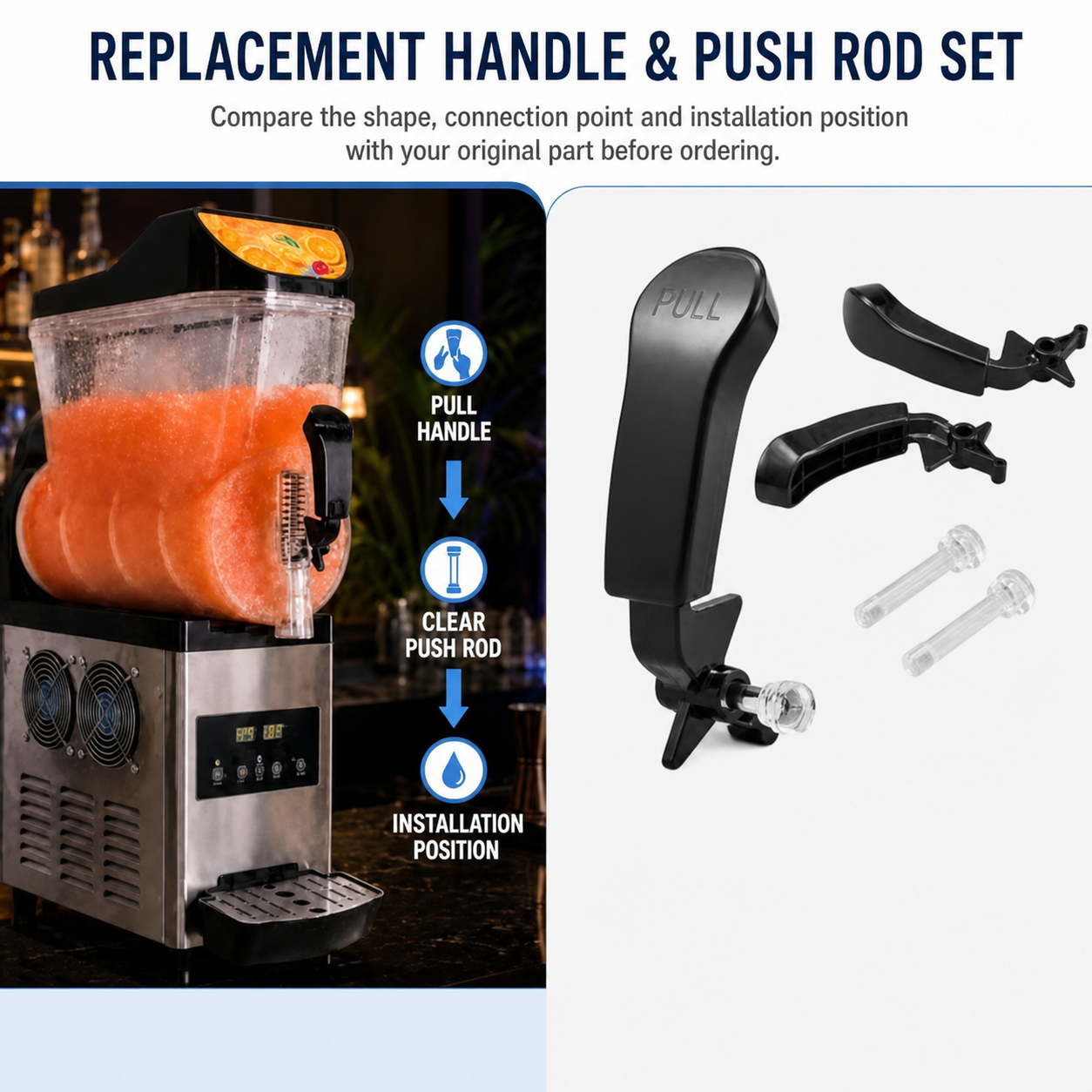 Replacement dispenser handle and clear push rod set with pre-order comparison guidance
