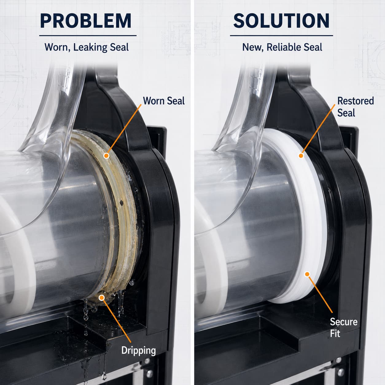 Worn leaking slush machine hopper seal compared with a replacement gasket