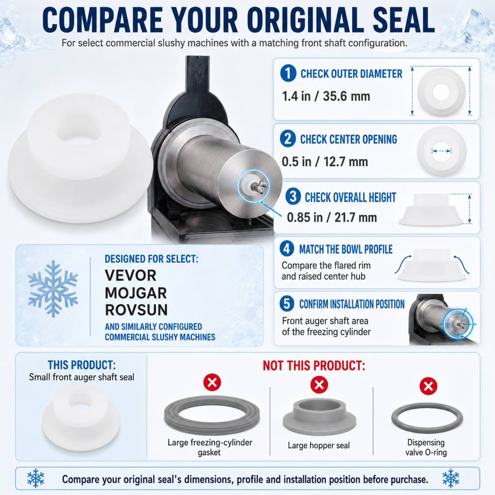 Auger shaft seal fitment guide showing 35.6 mm OD, 12.7 mm ID, and 21.7 mm height