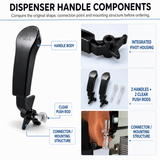 Dispenser handle body, pivot housing, clear push rod, and mounting structure