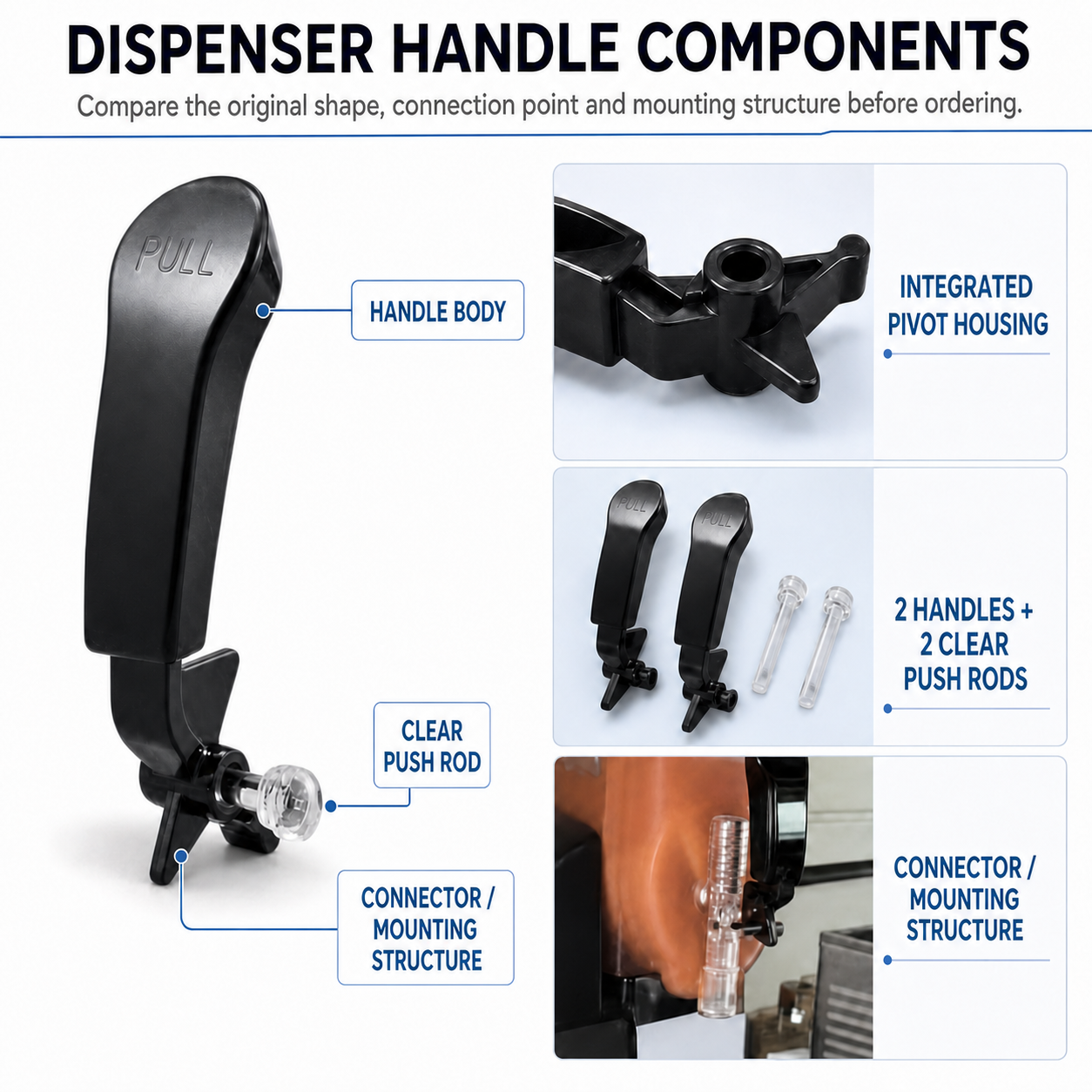 Dispenser handle body, pivot housing, clear push rod, and mounting structure