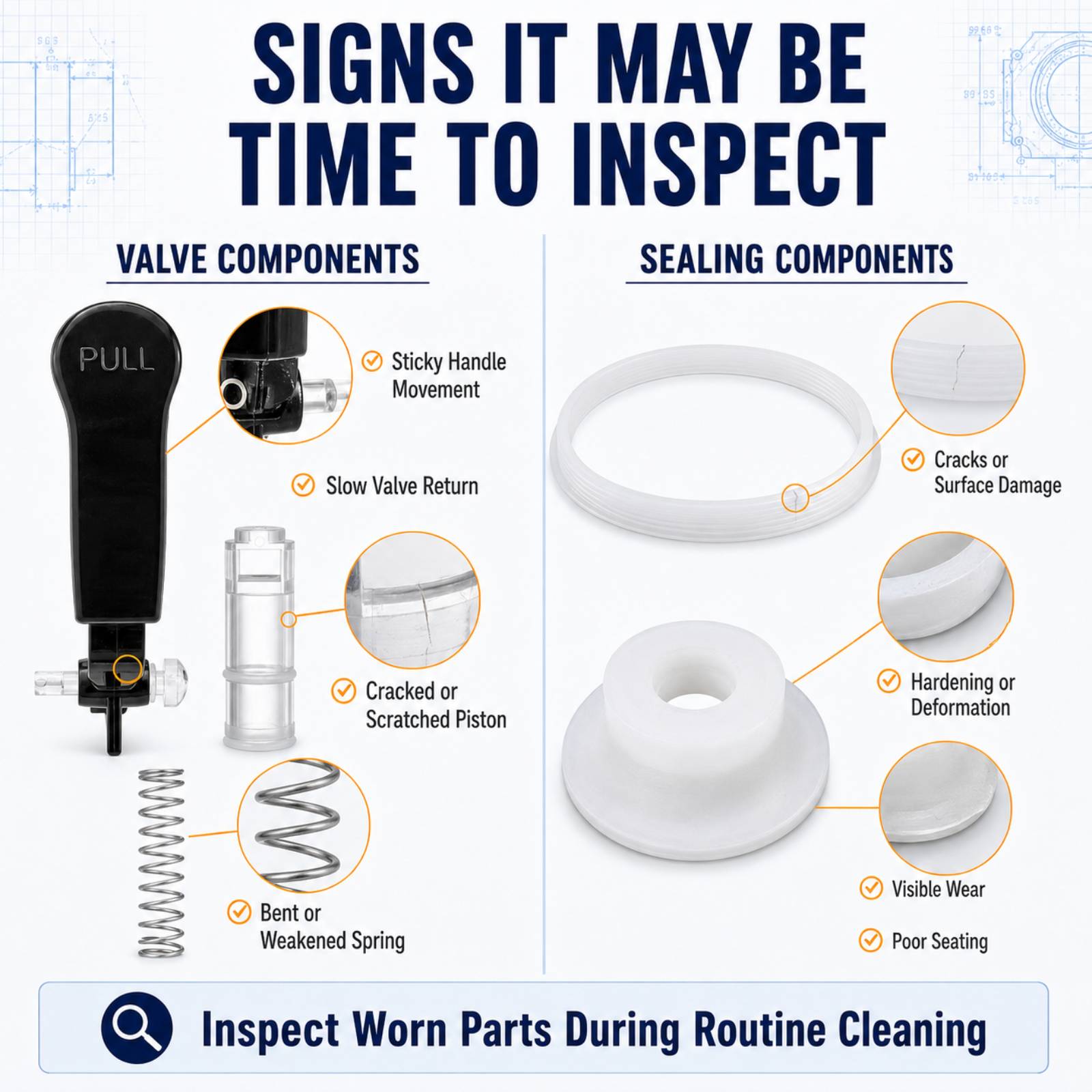 Inspection guide for worn slushy machine valve and sealing components