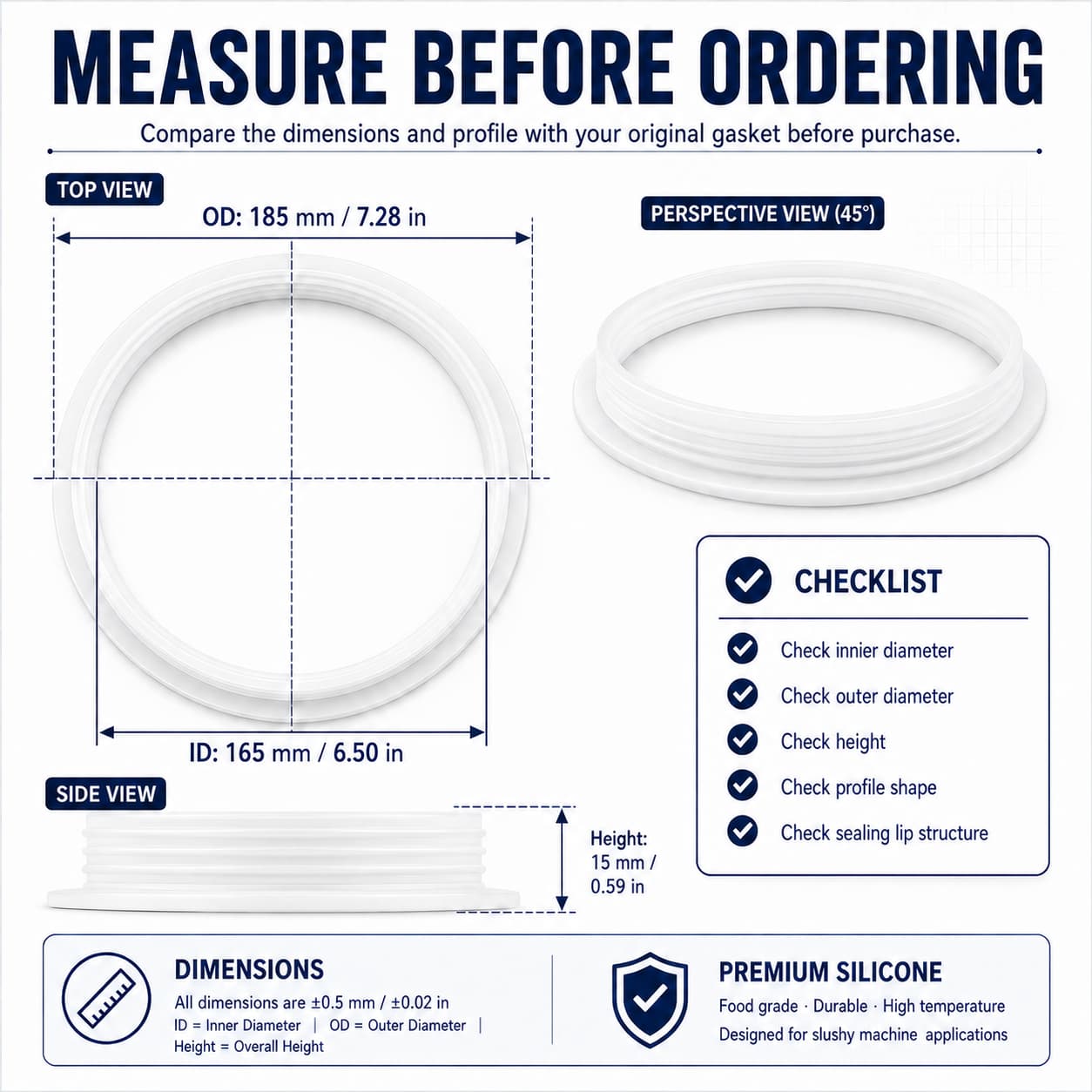 Slush machine hopper gasket measurement guide showing inside diameter, outside diameter, and height