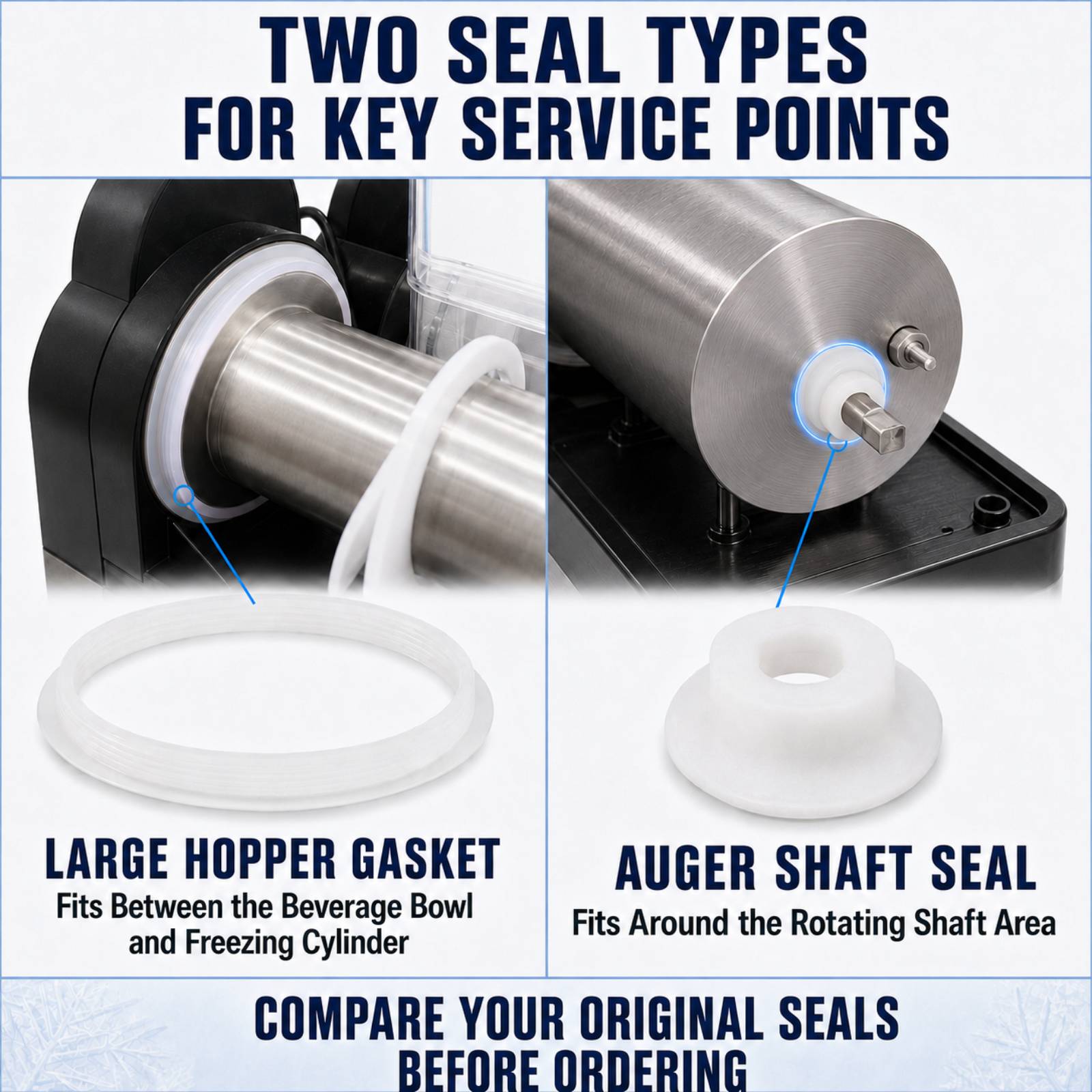 Slushy machine hopper gasket and auger shaft seal service-point comparison