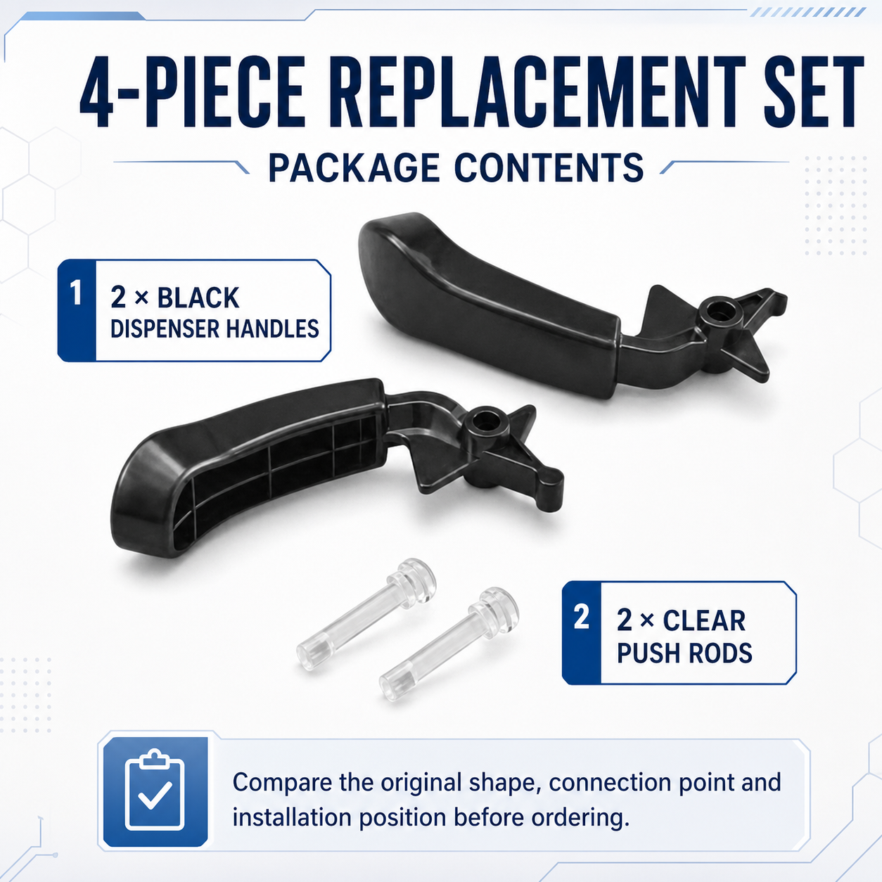 Four-piece replacement set with two black dispenser handles and two clear push rods