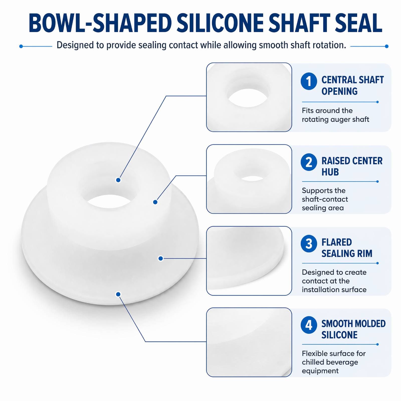 Bowl-shaped silicone auger shaft seal with raised center hub and flared sealing rim