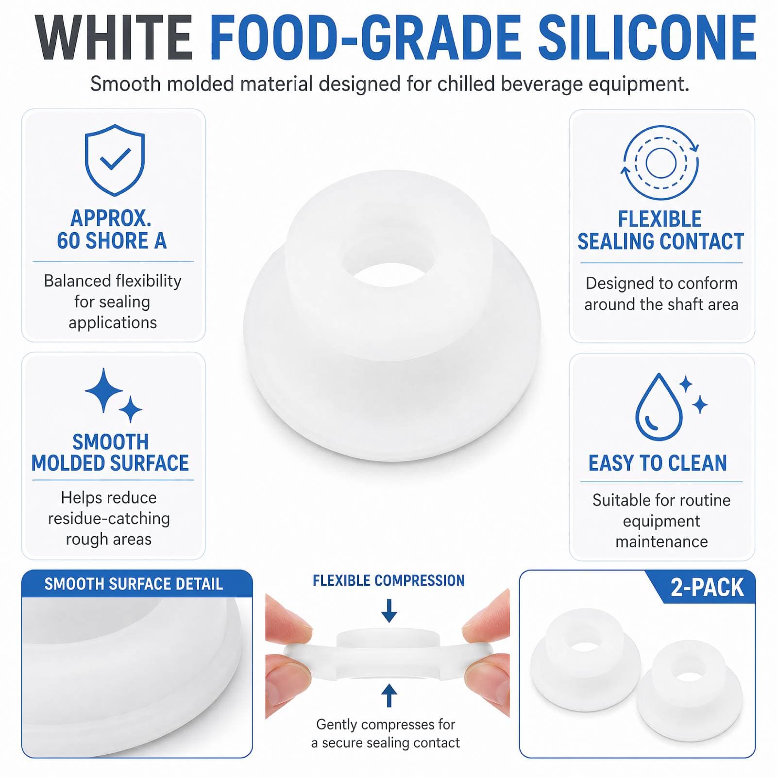 White food-grade silicone auger shaft seal with 60 Shore A hardness and flexible sealing profile