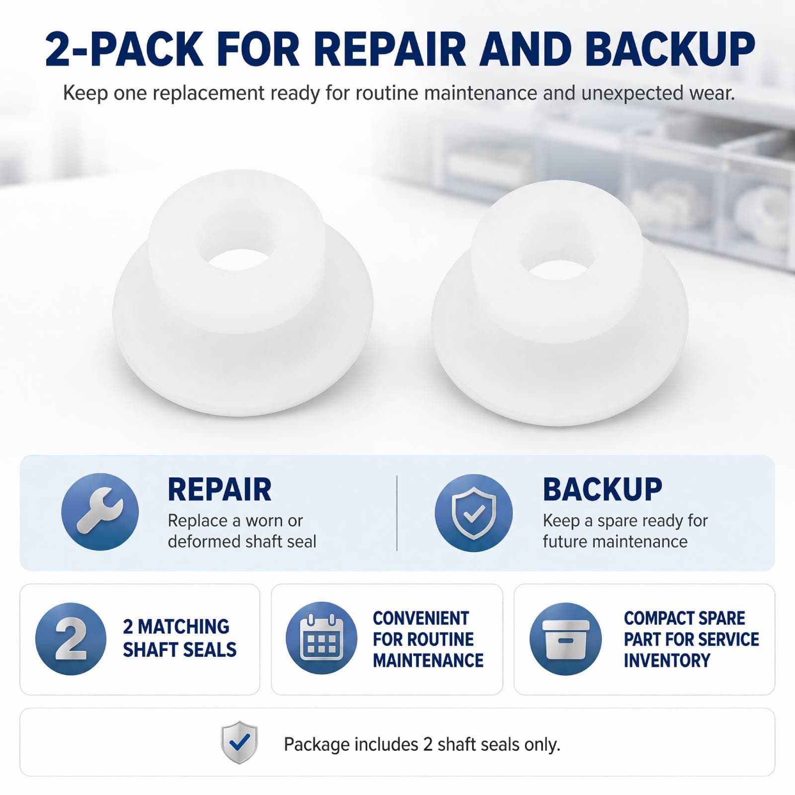 Two-pack of white auger shaft seals for repair and backup maintenance