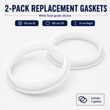 Two white silicone replacement hopper gaskets with confirmed dimensions