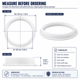 Large hopper gasket measurement guide showing 165 mm ID, 185 mm OD, and 15 mm height