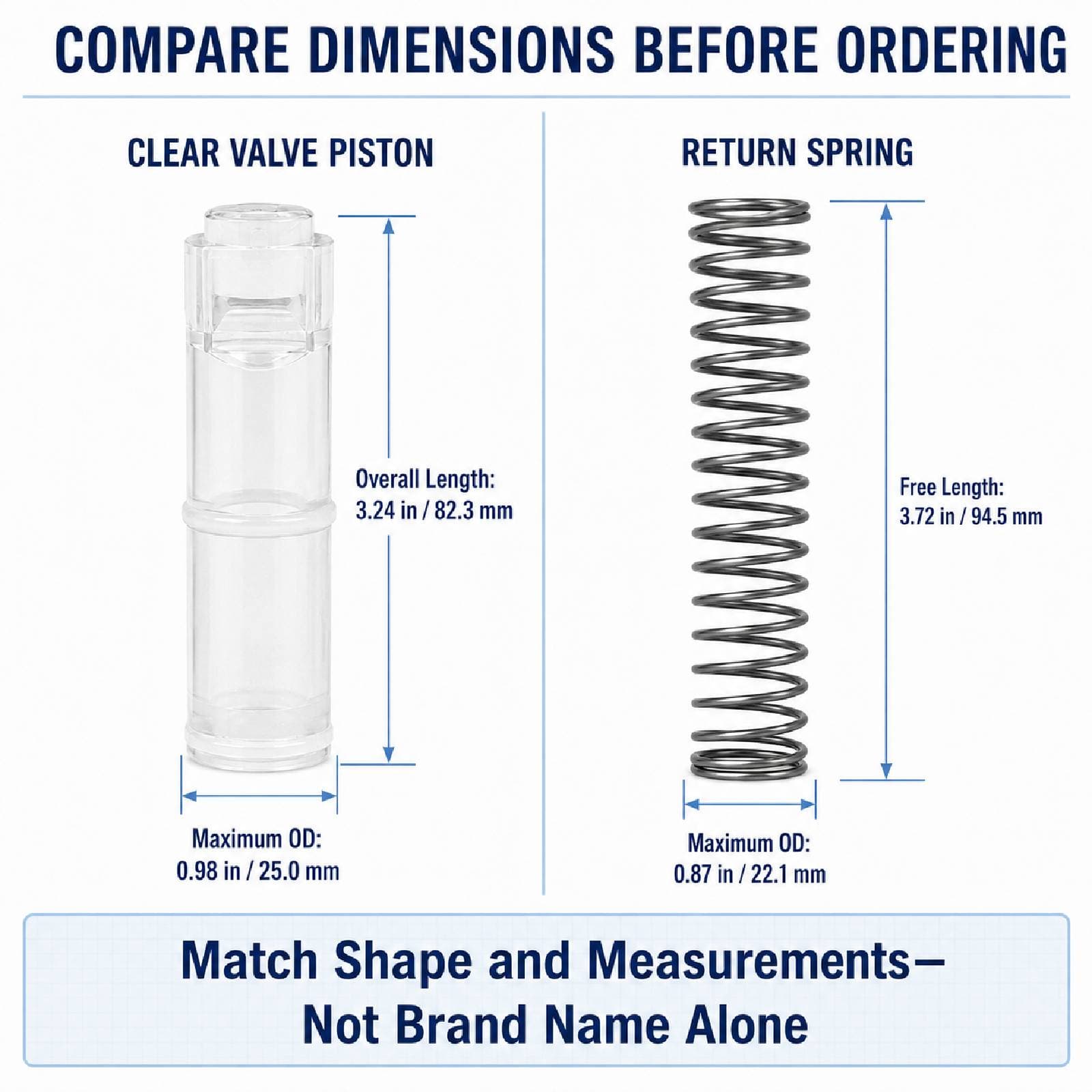 Clear valve piston and return spring measurement guide with confirmed dimensions