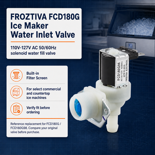 FROZTIVA FCD180G inlet valve overview with 110–127V AC and 50/60Hz specifications