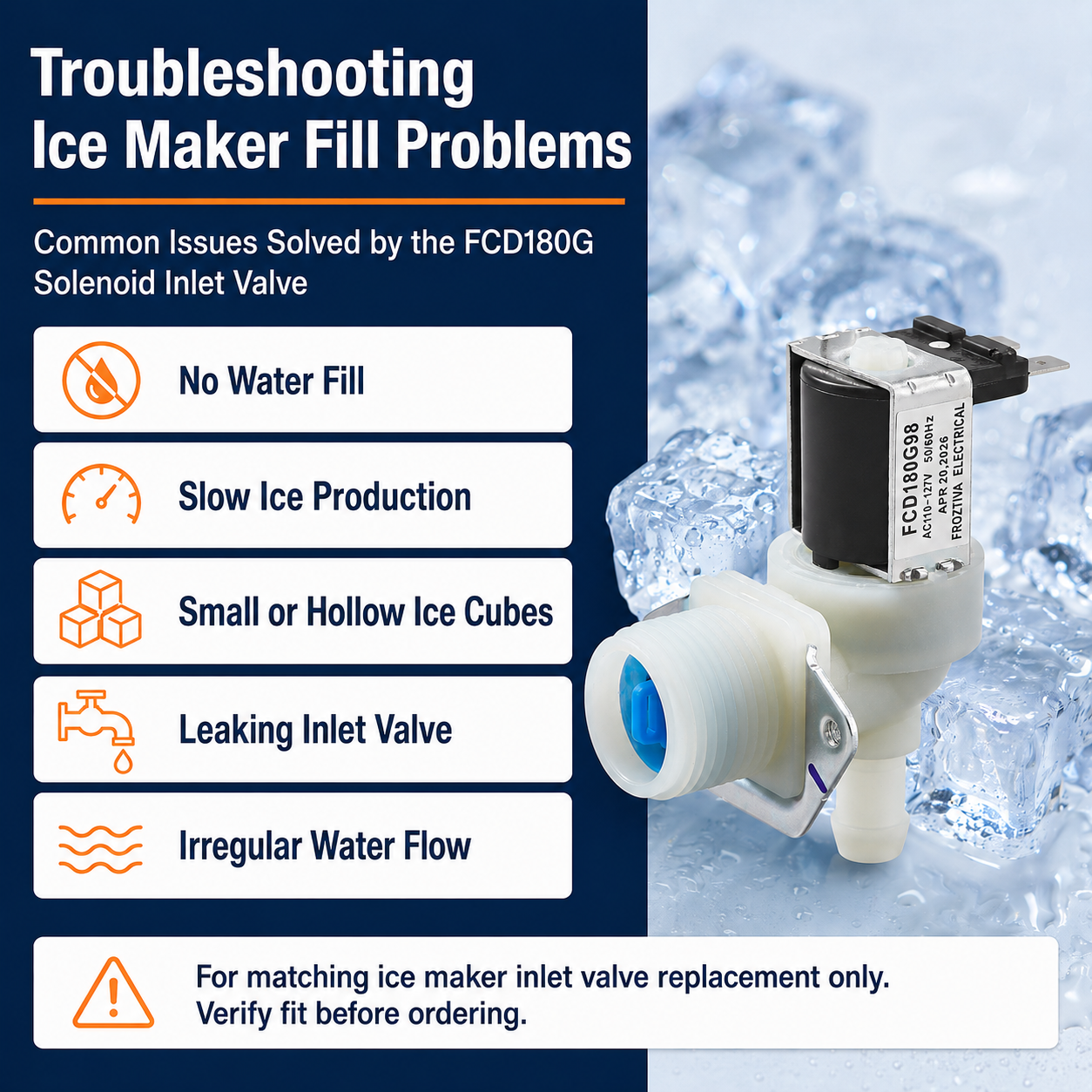 FCD180G inlet valve troubleshooting guide for common ice maker water-fill symptoms
