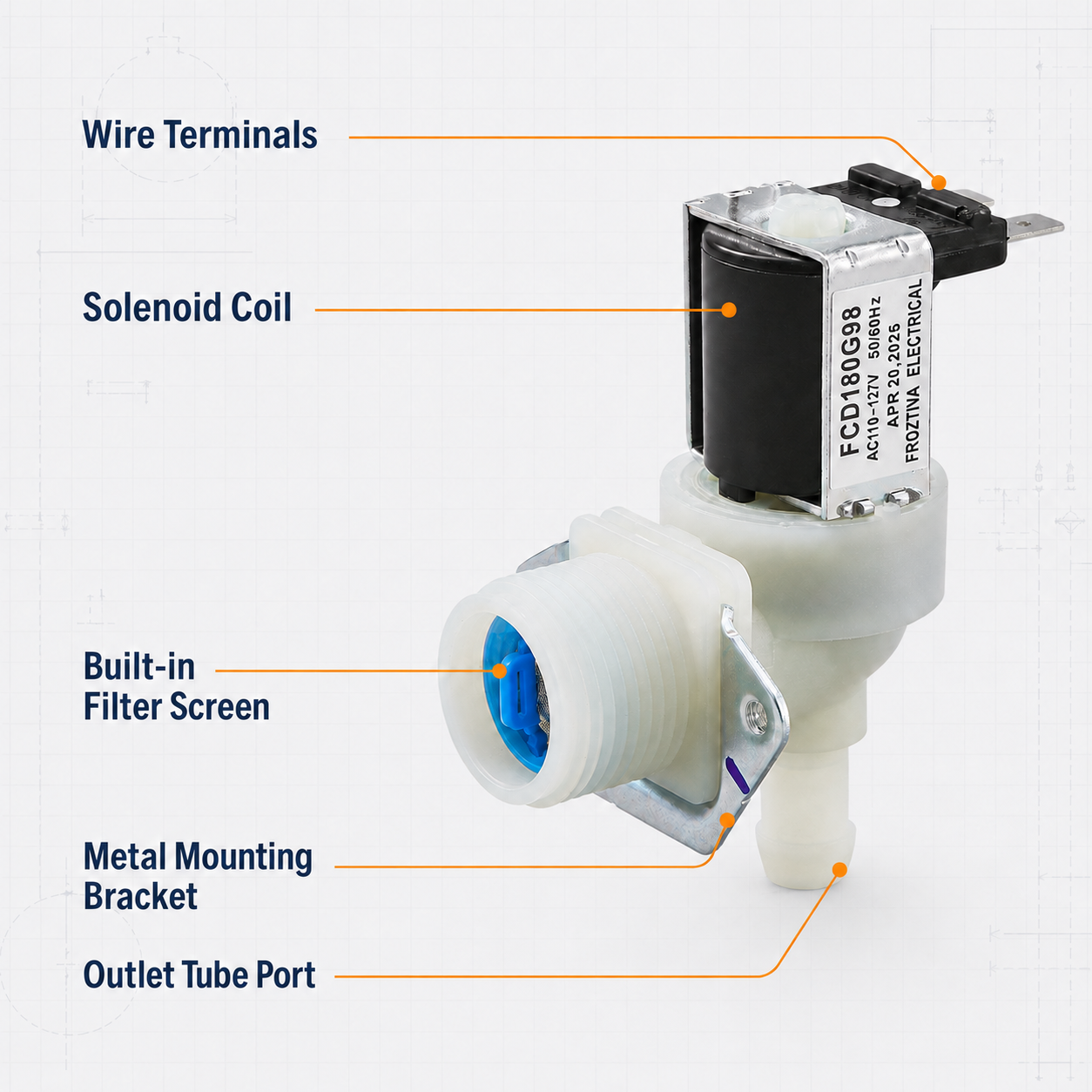 FCD180G inlet valve component callouts showing wire terminals, solenoid coil, filter screen, mounting bracket, and outlet port