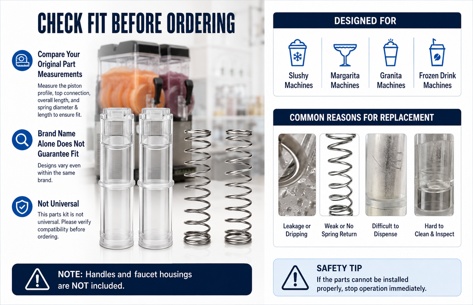Measurement-based fitment guide for slushy machine valve pistons and return springs