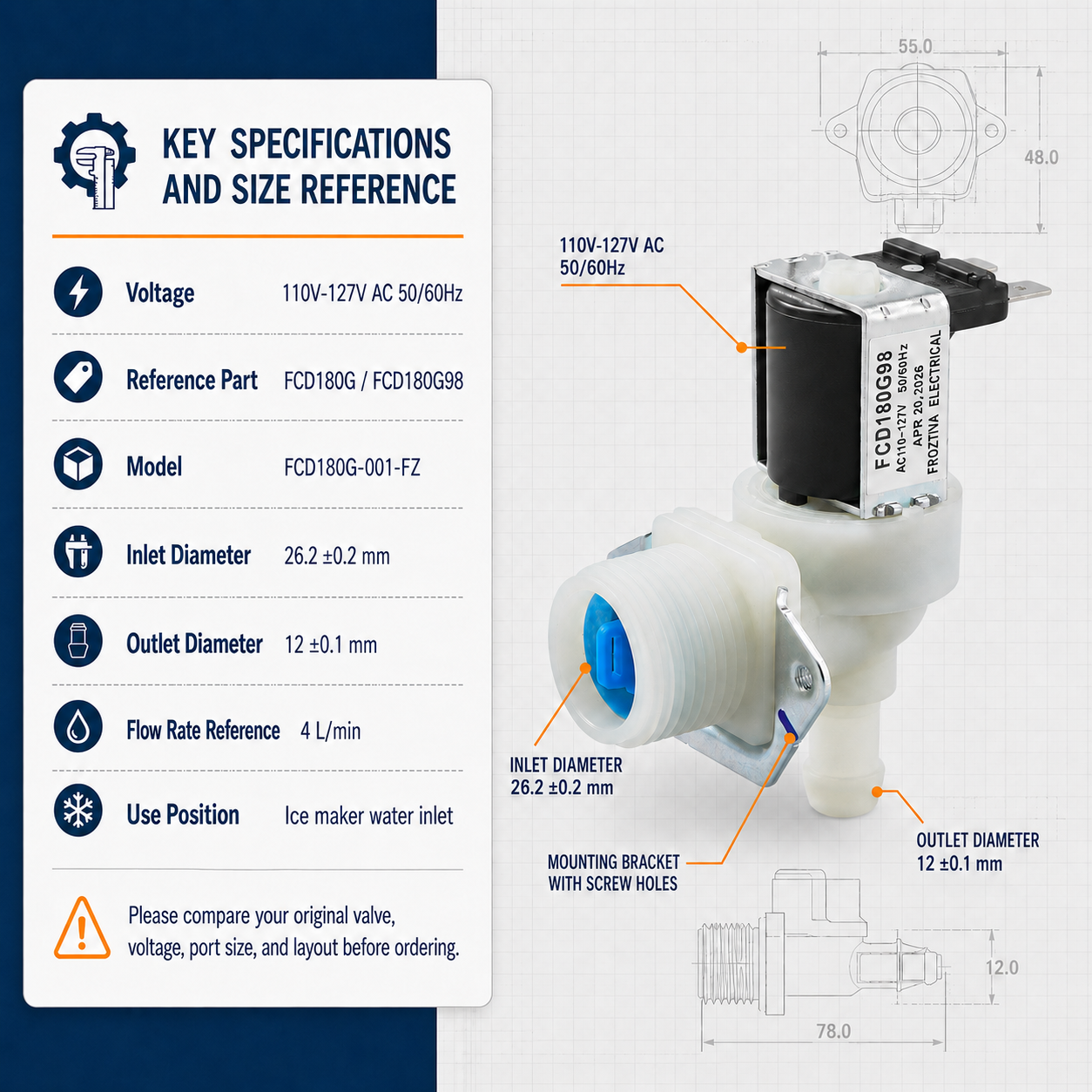 FCD180G98 inlet valve specifications and inlet and outlet diameter reference diagram