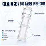 Clear valve piston showing engagement slot, stepped body, and sealing flanges