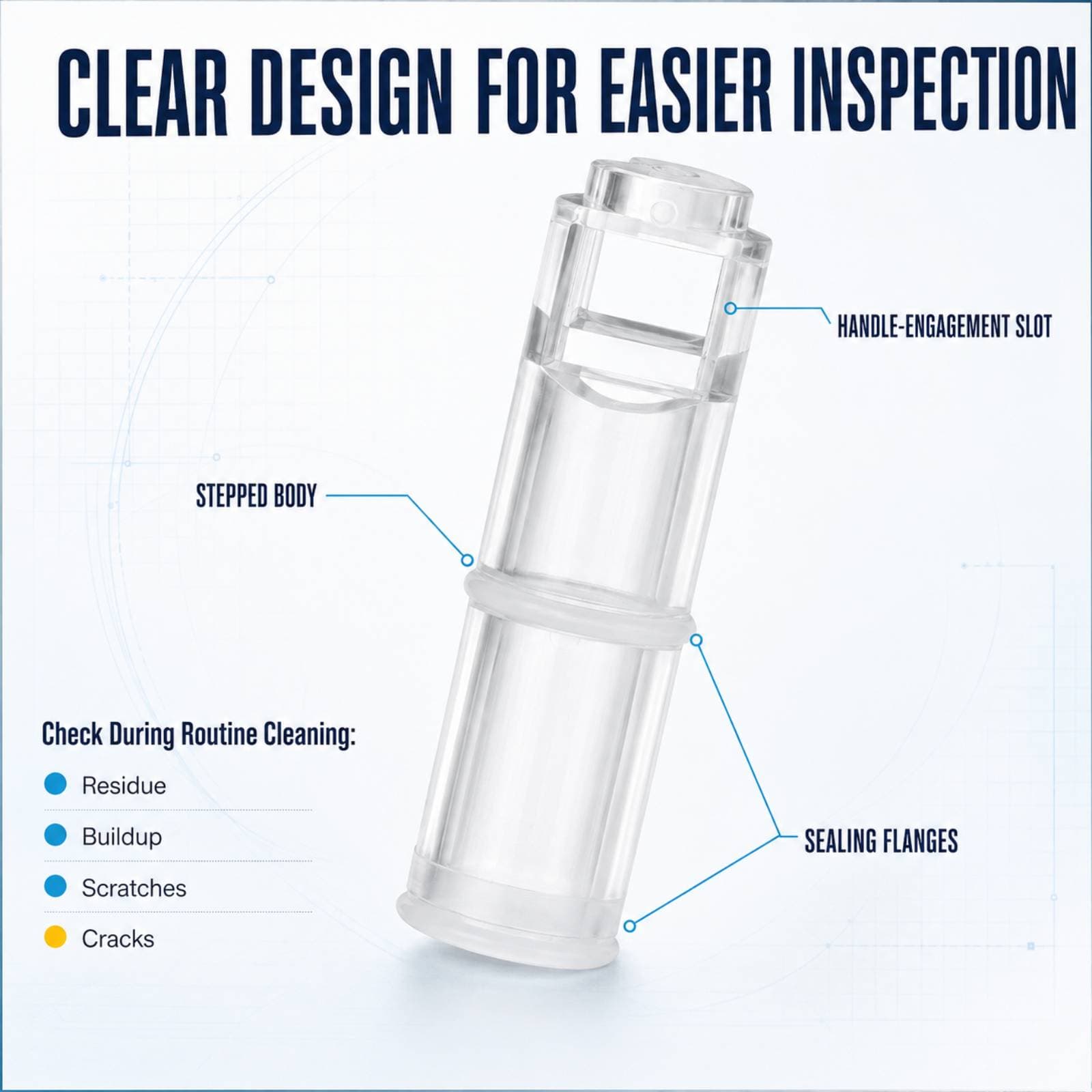 Clear valve piston showing engagement slot, stepped body, and sealing flanges