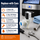 FCD180G inlet valve installation safety steps for power, water, connections, and leak checks