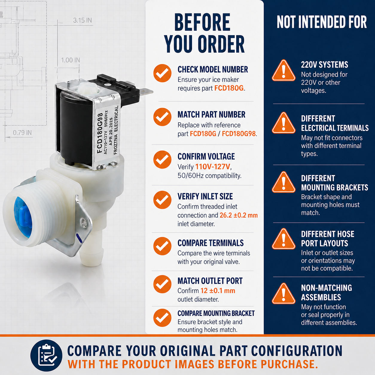FCD180G98 inlet valve before-order fitment guide for voltage, diameters, terminals, bracket, and hose layout