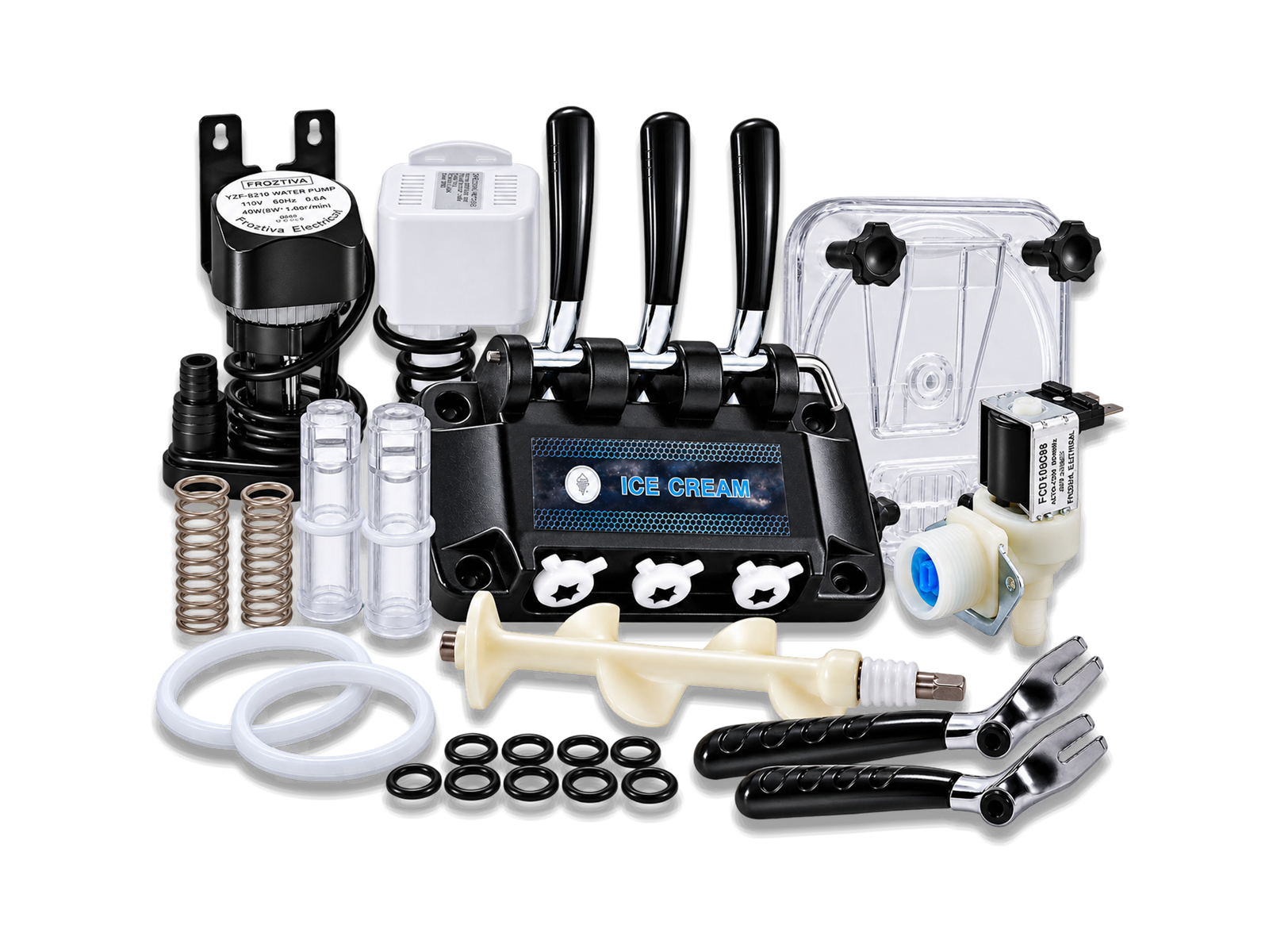 FROZTIVA commercial ice cream machine replacement parts kit including dispensing assembly, water pumps, inlet valve, auger, handles, seals, and door components